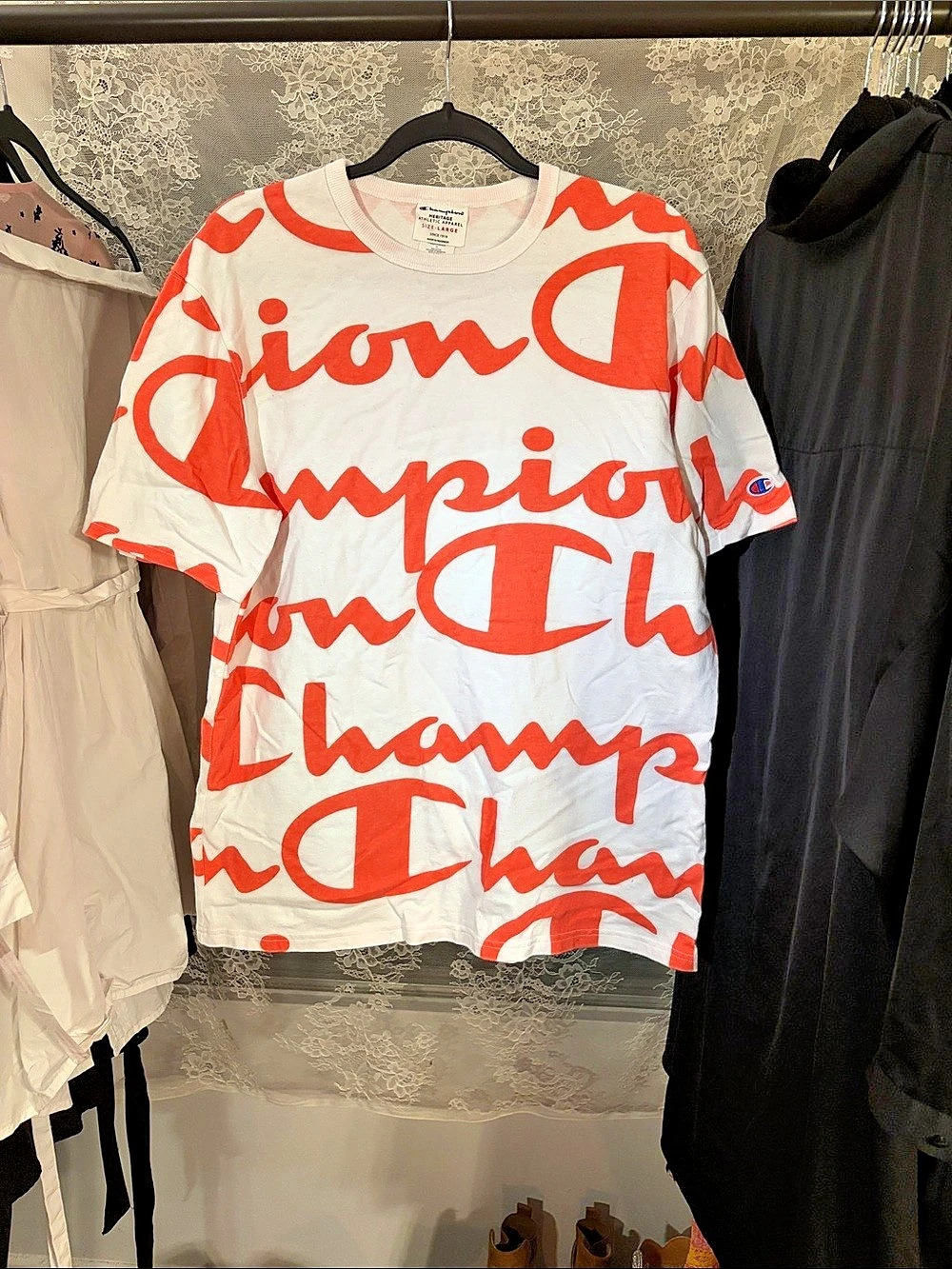 Champion Heritage All Over Print Script Logo T-Shirt White & Orange Large